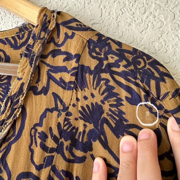 PERUVIAN CONNECTION Mini Dress Brown Blue Floral Puff Sleeve Boho - Picture 7 of 13